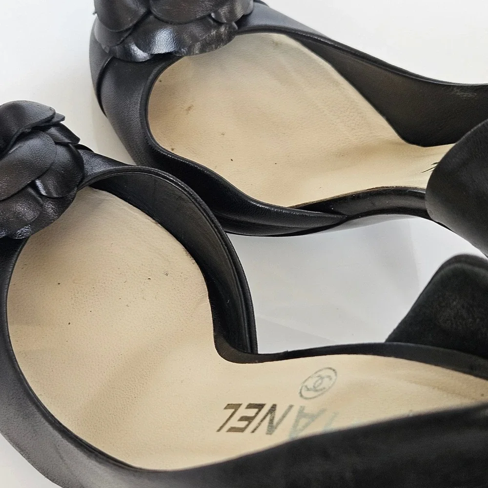 Chanel Black Leather Camellia‎ Half-d'Orsay Pumps 3D Floral Size 37